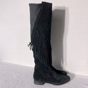 Vince Camuto Black Suede Thigh High Over The Knee Flat Boots With Fringe 38